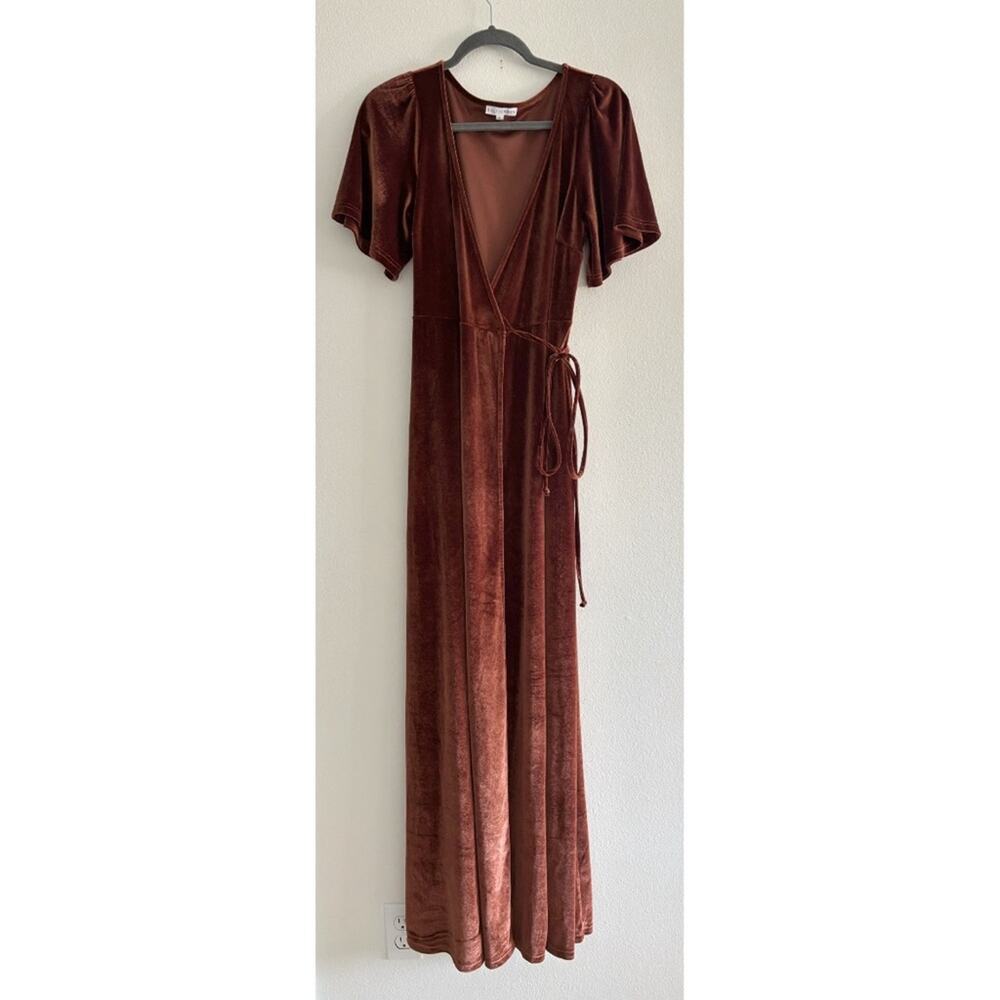 Meghan Velvet Wrap Maxi Dress Rust Brown Small